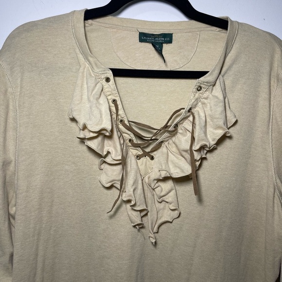 Lauren Ralph Lauren women’s Tan lace up ruffle equastrian 3/4 sleeve top in 2X - Picture 2 of 6